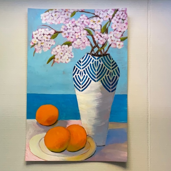 Cherry Blossoms Oranges and Ocean Views Acrylic Painting for Coastal Charm - Picture 5 of 8